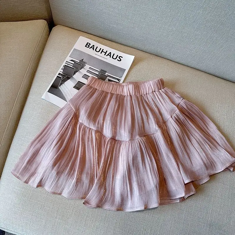Sweet Shiny Faux Silk High Waist Fluffy Pleated Mini Skirt Summer Women Y2k Clothing Loose Versatile A-line Solid Short Skirts