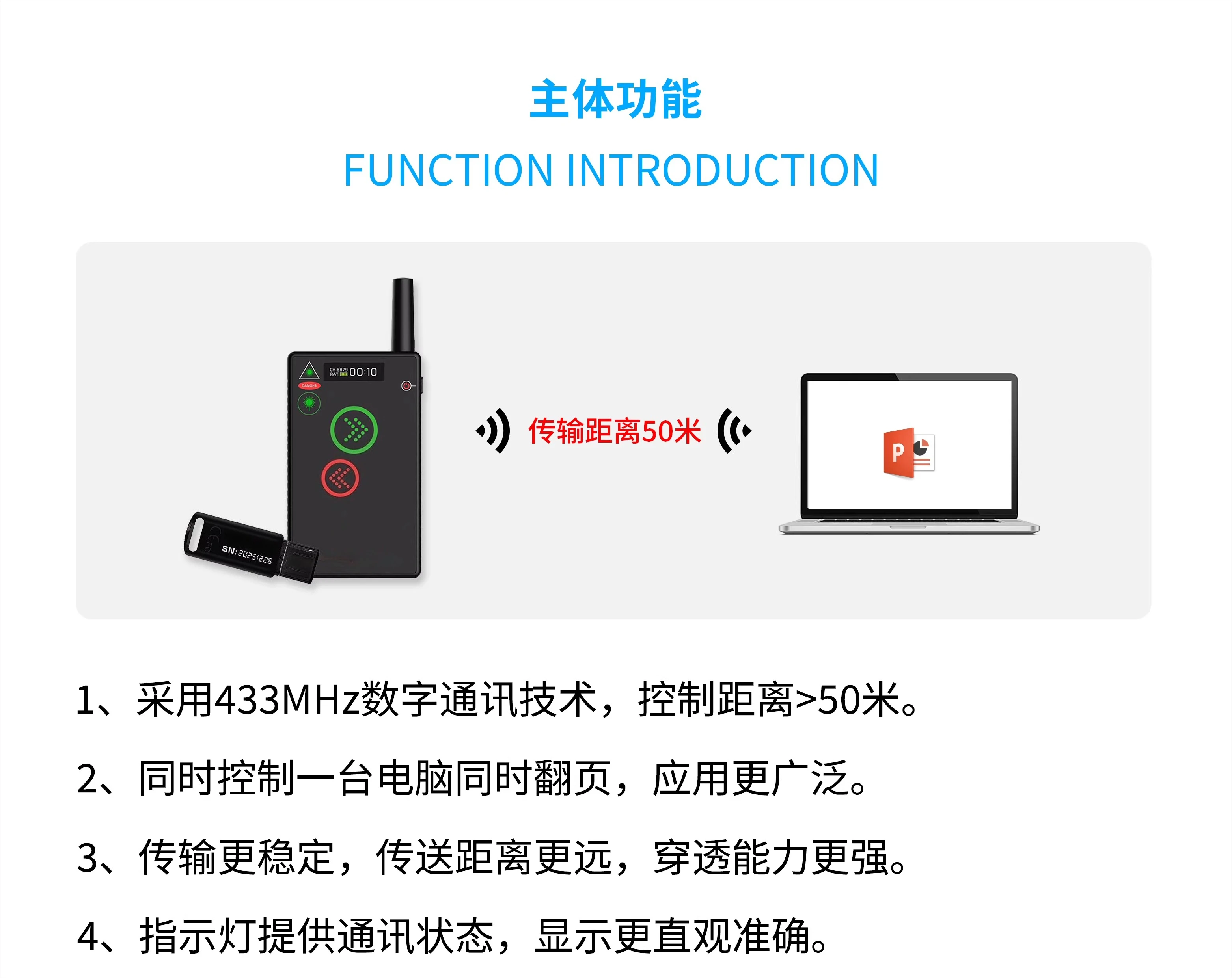 Remote conferencing product launch, rechargeable OLED screen Mini Cue 100m professional Flipper PPT keynote speech,
