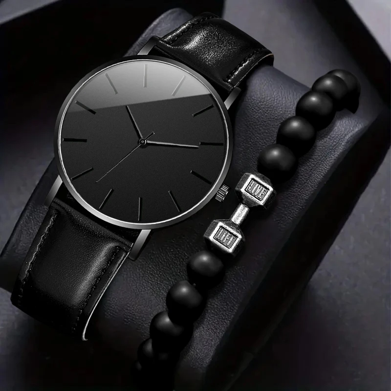 2PCS Men's Business Watch Fashion Leather Strap Simulated Quartz Watch with Bracelet Jewelry Set
