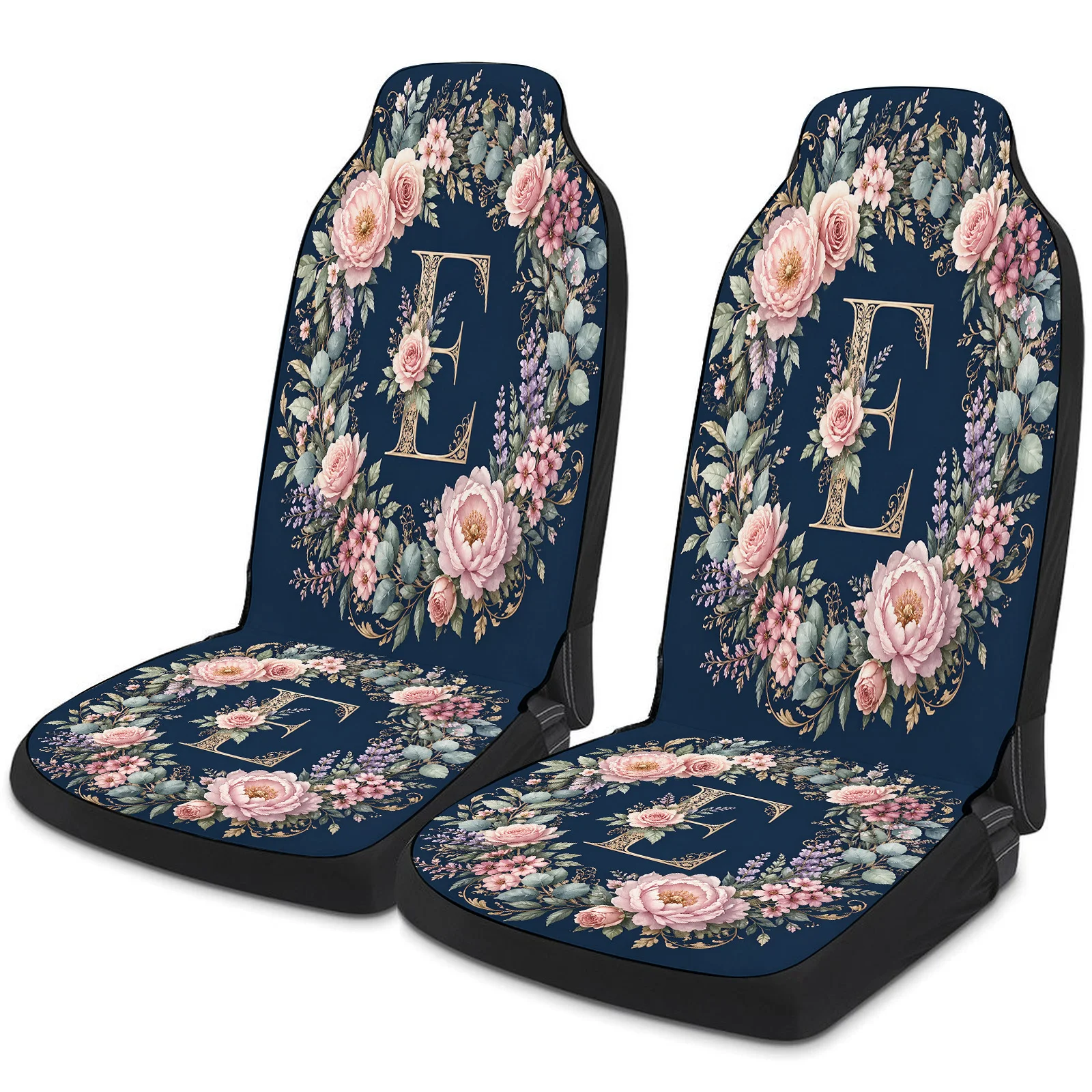 Floral Monogram E Themed Car Seat Cover Set For Most Cars Trucks, Trendy Breathable Car Seat Protector Covers Full Set, Universa