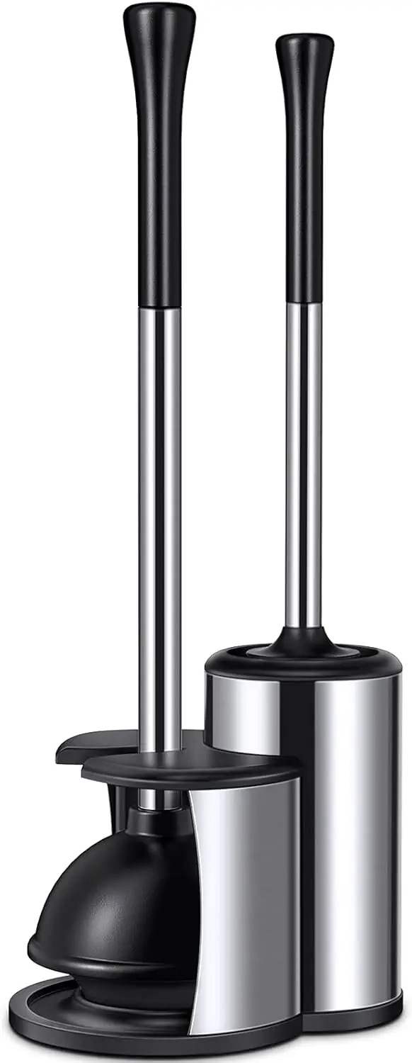 

Hideaway Toilet Plunger Brush Set: Heavy Duty Stainless Steel Combo with Covered Caddy for Bathroom