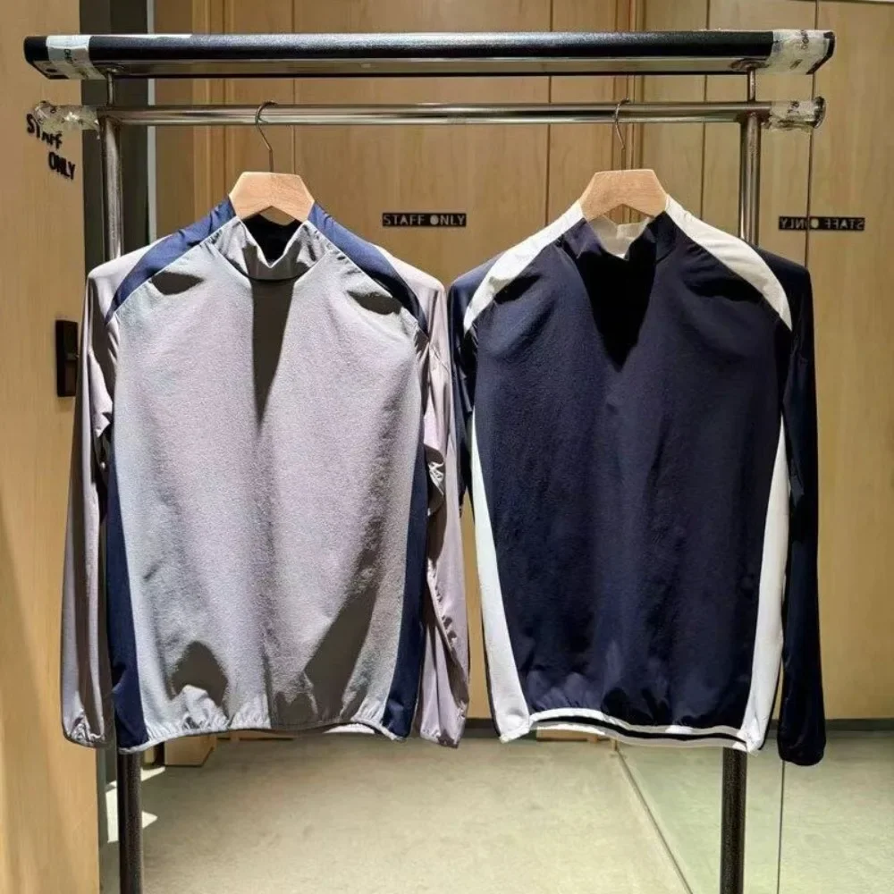 Men's Golf Long Sleeve T-Shirt 2026 Summer New Original Korean Spliced High Neck UV Protection QuickDry Breathable Nylon Stretch