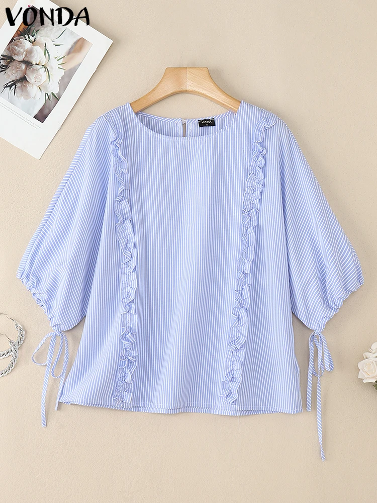 

VONDA Korean Ruffled Blusas Fashion 2025 Women Striped Elegant OL Shirts O-Neck Casual Loose Summer 3/4 Puff Sleeve Blouse Tops