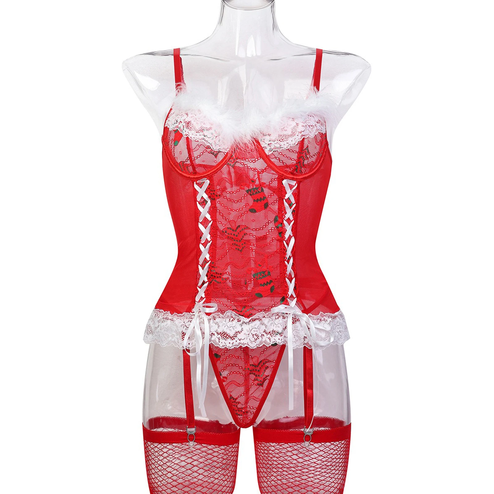 Weihnachts-Dessous-Set für Damen, ärmellose Spitzen-Patchwork-Oberteile und Höschen, Netzstrümpfe-Set