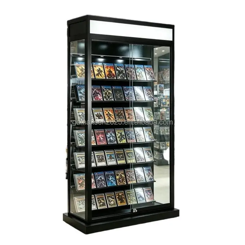custom.Maxsen High Quality Tall Glass Trading Card Display Cabinet LED Strip Lights Lockable Design Backless Custom/Black
