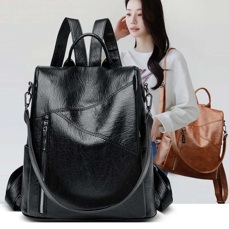 

Women Large Capacity Anti Theft Backpack High Quality Leather Female Vintage School Bag Simplicity Leisure Ladies Travel Bagpack
