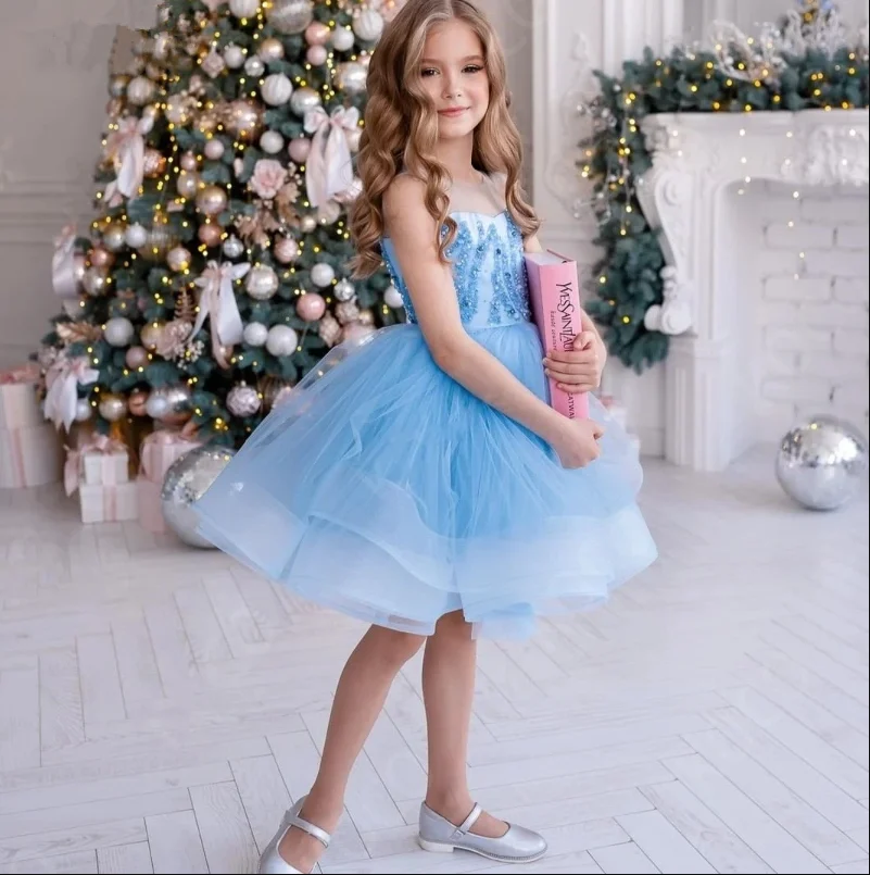 

Glitter Blue Tulle Girls Party Dresses Layers Puffy Princess Dress Shiny luxurious Birthday Ball Gown First Communion Dresses