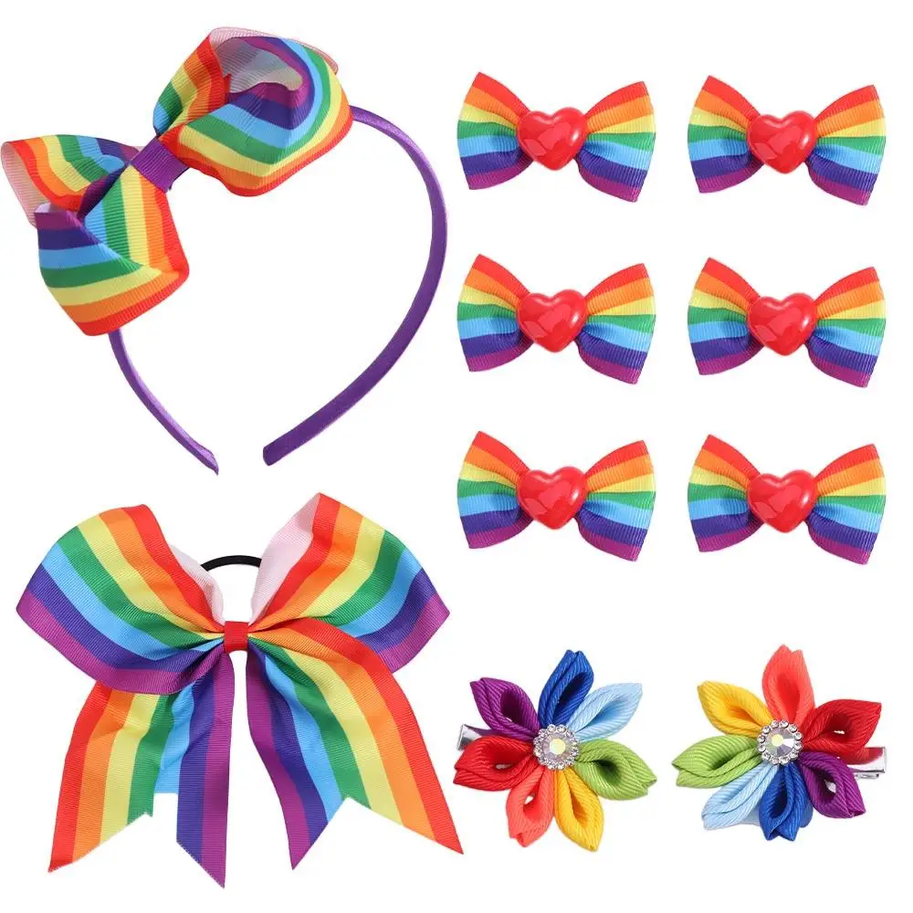 Elastic Rainbow Hair Clips Not Harm Unique Rainbow Hair Bow Ties Pride Day Jumbo Large Ponytail Pigtails Holders Girls