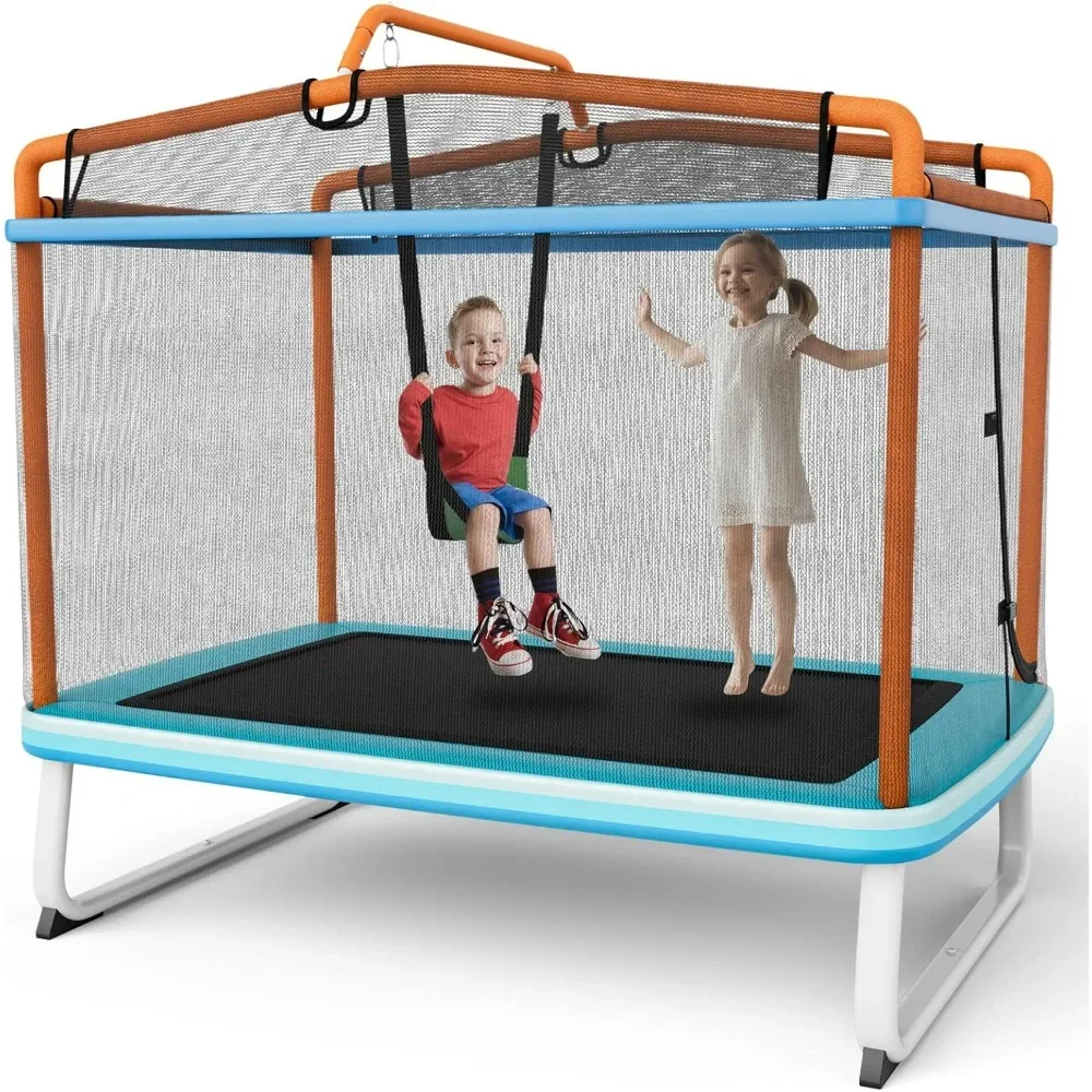 6FT Kids Rectangle Trampoline, 75” ASTM Approved Recreational Trampolines with Swing, Mini Toddler Trampoline w/Enclosure Net