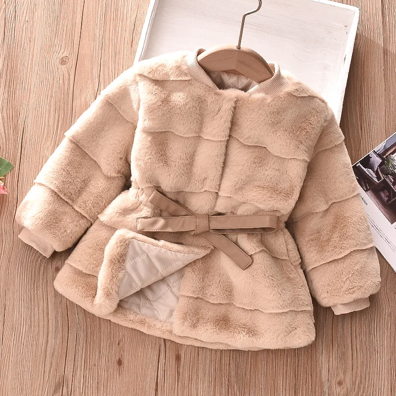 Autumn and Winter Girls\' New Solid Color Waist Cinching Fashion Party Runway Windproof Warm Long Sleeved Fuzzy Cotton Jacket