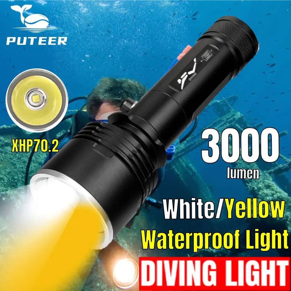 

Puteer Diving Flashlight Yellow Light Torch Light Underwater 100m Waterproof Flashlight Rechargeable Scuba Diving for Diving