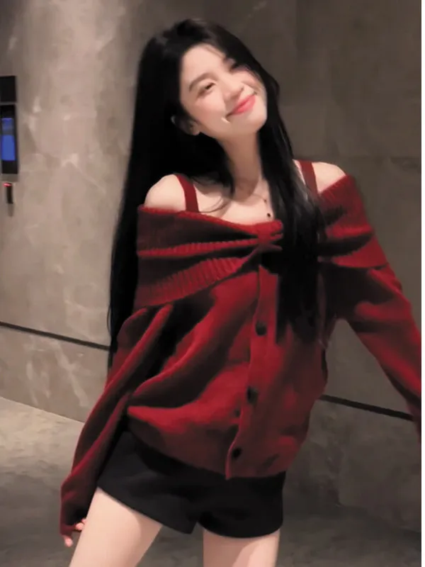 Czerwony sweter z odkrytymi ramionami, dzianinowy, damski, na wczesną jesień, luźny, relaksujący, seksowny top z odkrytymi ramionami, miękki...