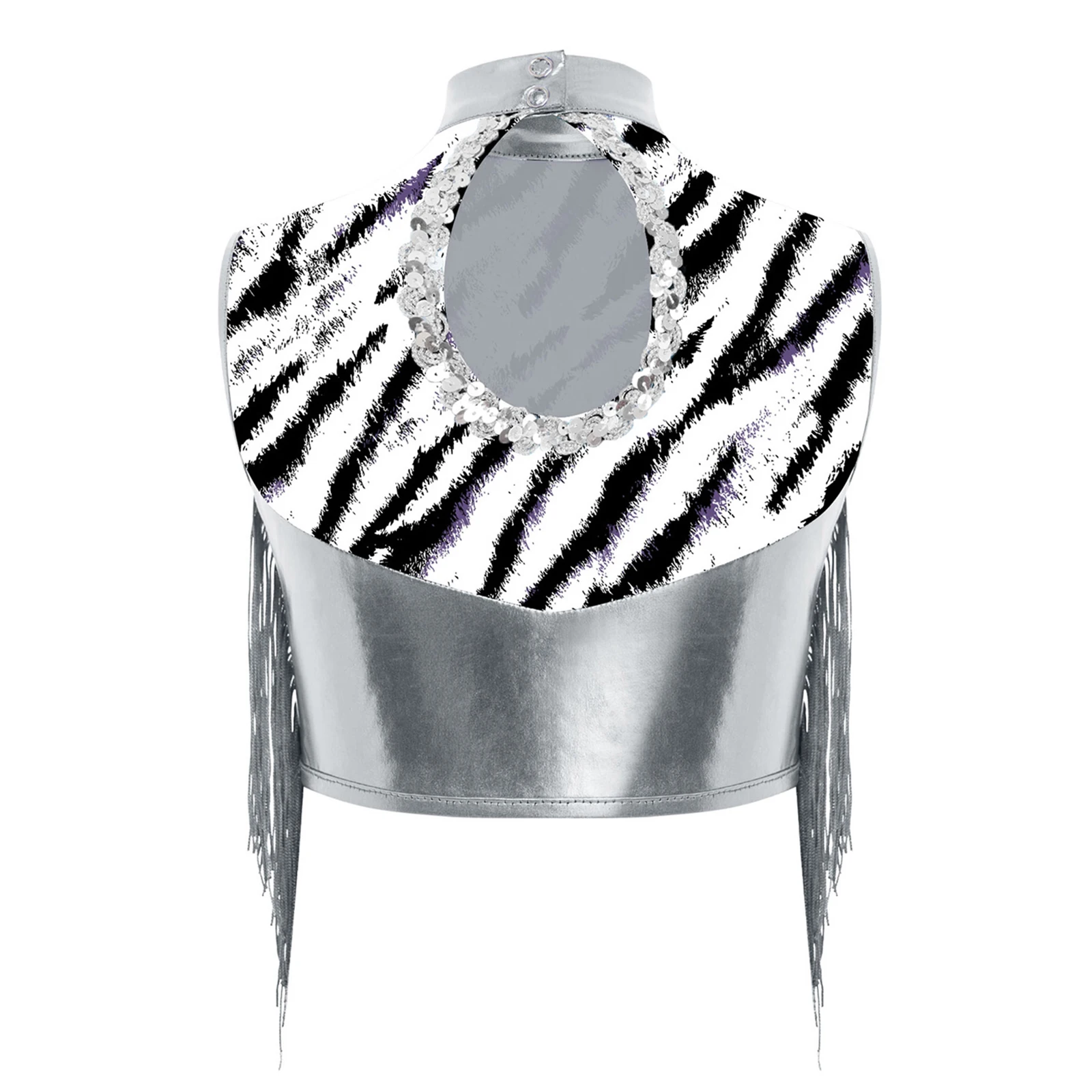 Jazz Dance Performance Costume Girls Ballet Gymnastics Set with Zebra Stripe Metallic Tassel Keyhole Back Crop Top and Shorts