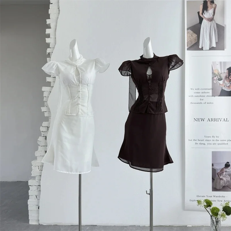 Chiffon French-Style Light Luxury Top, Mid-Length Skirt Set, Ribbon Sexy Top, Slightly Sheer Skin-Friendly Material