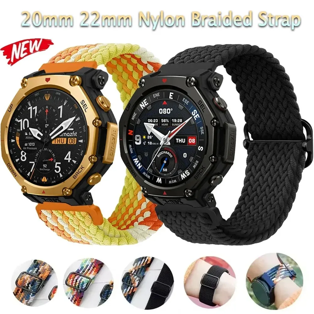 22/20mm Nylon Braided Strap For Huawei Watch 5/GT6-5-4 46mm Comfortable Adjustable Watchband For Amazfit T-Rex3 Pro 44/48mm Band