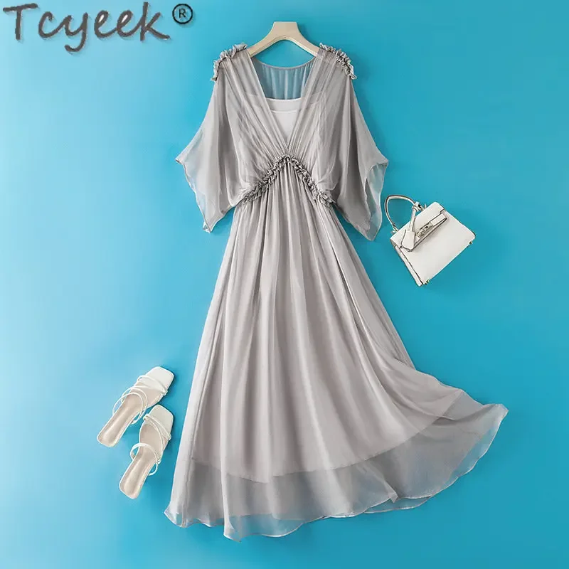 Imagem -06 - Tcyeek 2023 Summer White Dress Lady Slim Dress Real Silk Vestidos Elegantes para Mulheres Roupas Praia Vestido Midi Vestido Feminino