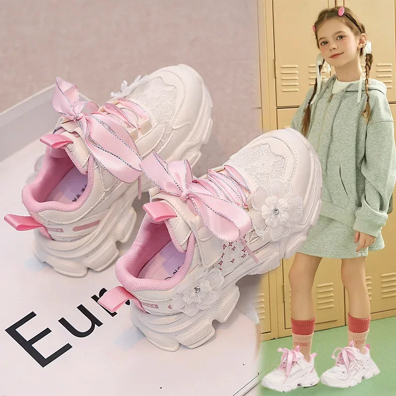 Kids Sneakers 2024 Girls Spring Fashion Breathable Running Sport Shoes Children Non-slip Trainers Student Casual Sneakers