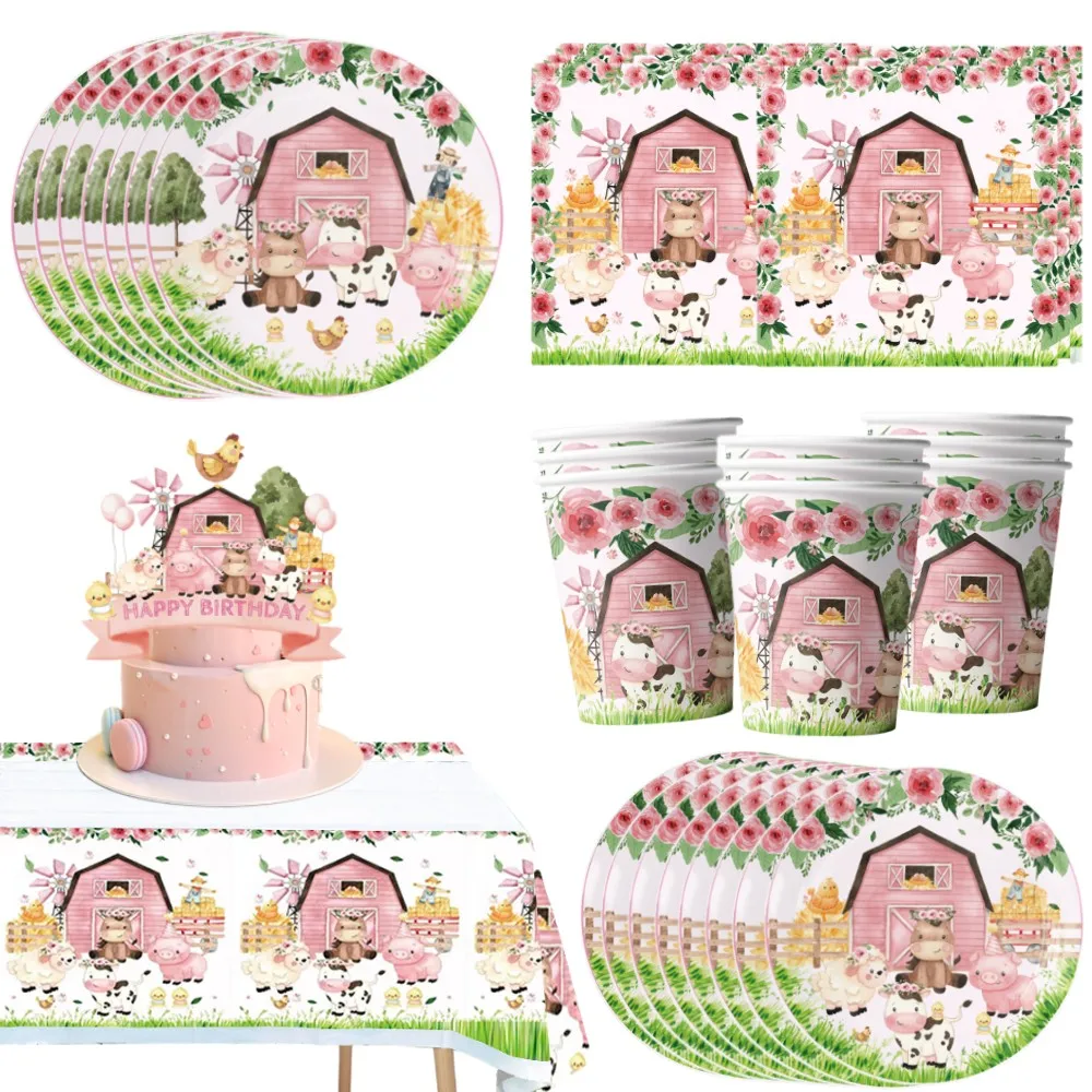 Pink Farm Theme Birthday Decorations Baby Share Disposable Tableware Cartoon Animal Tablecloth Kids Boys Favor Party Supplies