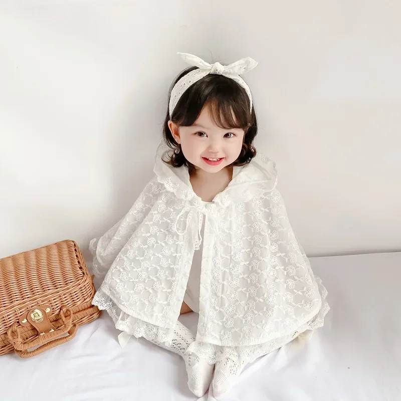 Summer Fashion Toddler Floral Lace Shawl Lovely Baby Girls Drawstring Lined Coats Hooded Kids Sun-Proof Tops For 0-36 Months