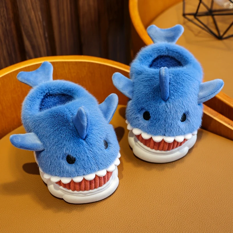 Winter Cotton Slippers Children Cute Cartoon Shark Non-slip Soft Sole Flip Flops For Kids Girls Baby Boys Warm Plush Home Shoes