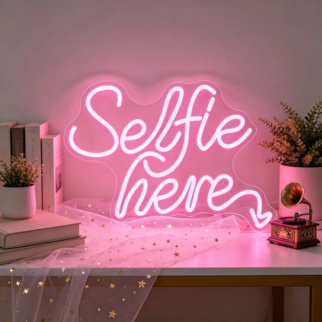 Selfie Here Neon Sign LED Dimmable USB Wall Light for Photo Wall Makeup Room Live Streaming Selfie Studio Cafe Party Wall Decor
