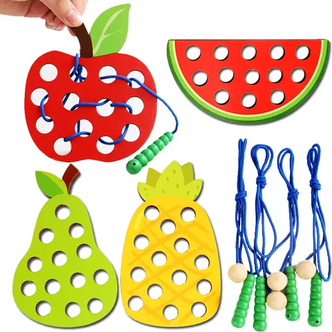 Wooden Lacing Toy Educational Fruits Threading Activity Puzzles Learning Fine Motor Skill Car Travel Toy Set for Toddlers Kids
