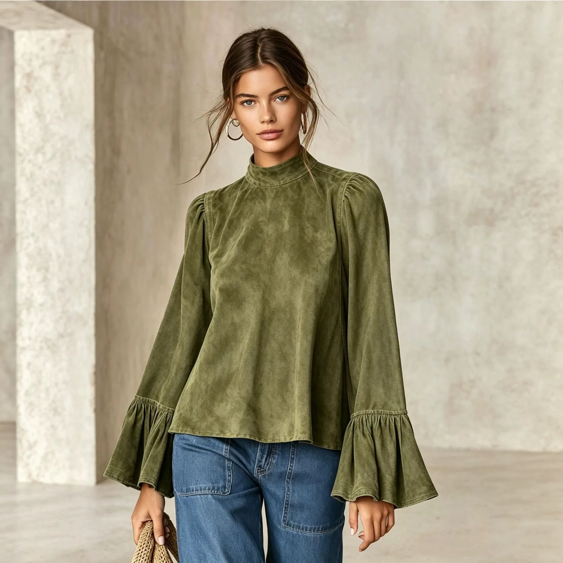 New European American Autumn Winter Women's High Neck Faux Suede Top Vintage Fashion Loose Long Sleeve Blouse