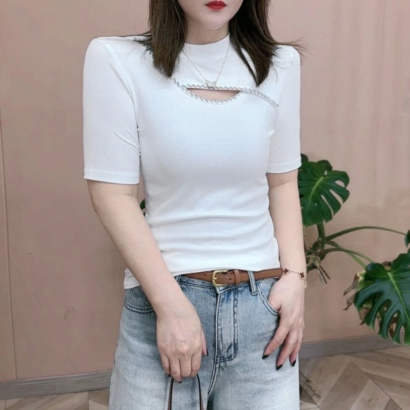 2024 New Summer Casual Fashion Elegant Solid Color Short Sleeved Slim Fit Half High Neck Hollow Out Diamonds Women's T-shirt Top