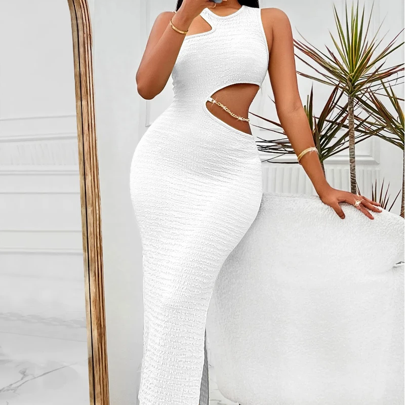 

Summer Solid Color Casual Women's Clothing New Round Neck Off Shoulder Slim Fit Sexy Jumpsuit Long Skirt