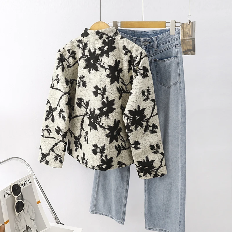 Nieuwe Chinese Sle Water-Mark Print Katoen Jaet vrouwen Herfst Winter Stand Kraag Knop ort Warme Bovenkleding high-End Top