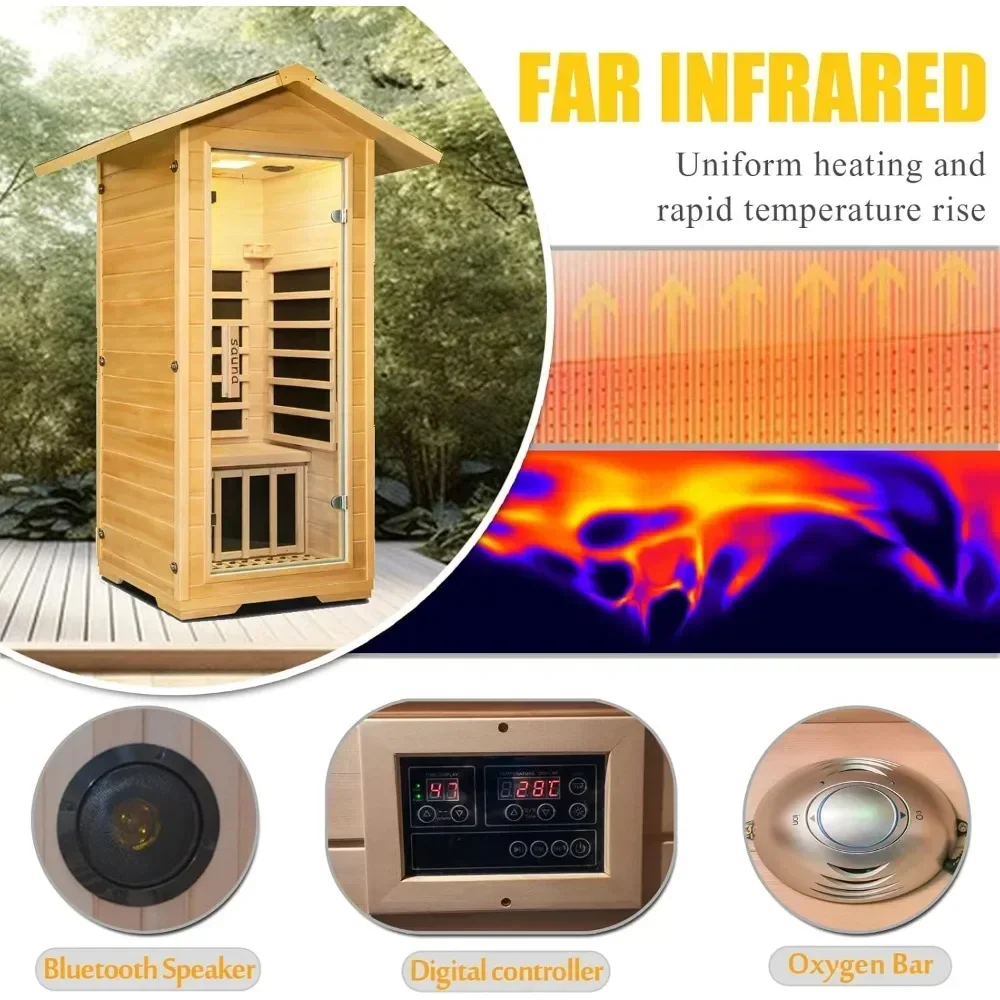 Sauna infravermelha distante externa, saunas domésticas internas emf baixas para 1 pessoa, sauna seca de madeira canadense hemlock 1400w/110v, saunas