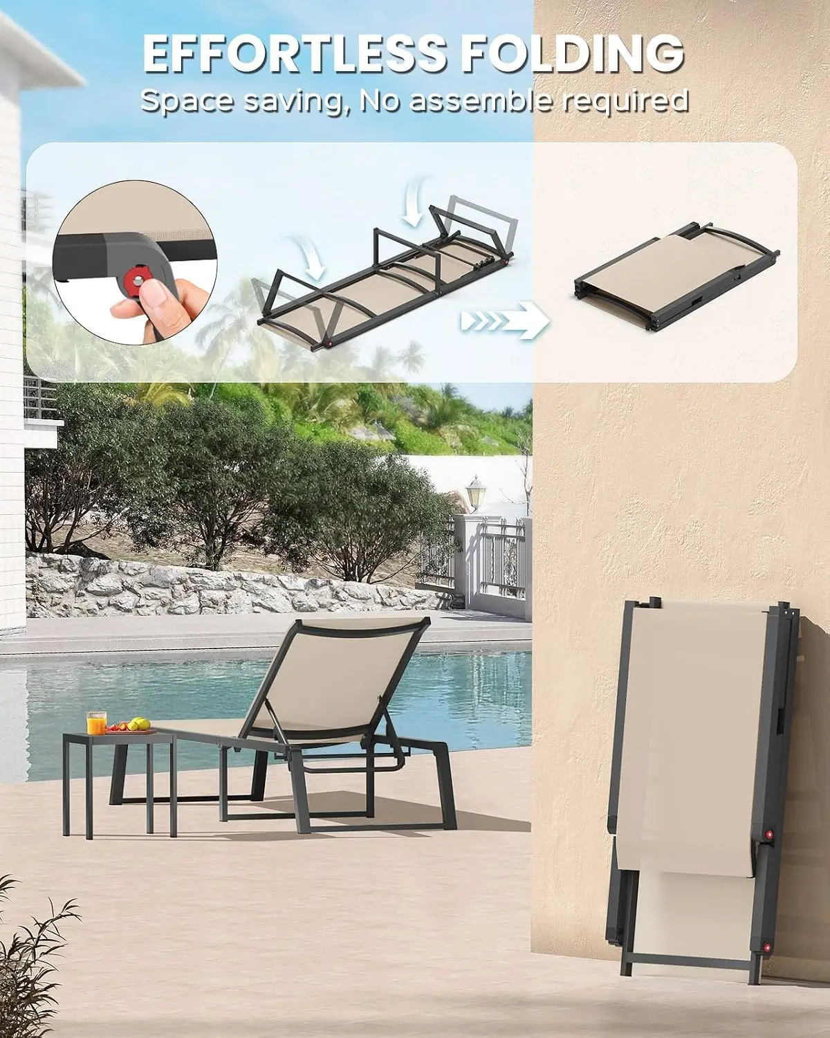 Aluminum Outdoor Chaise Lounge, Foldable 5-Position Recliner, Zero Assembly Pool Patio Lounger, 2 Pack, Customized