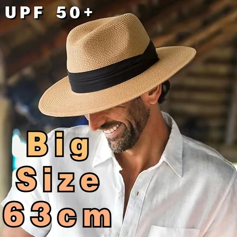 XL Duża głowa 63CM Letnie tkane kapelusze przeciwsłoneczne na plażę Mężczyźni Kobiety Plus Size Jazz UV UPF 50+ Ochrona przeciwsłoneczna Podróżne panamskie kapelusze słomkowe Unisex