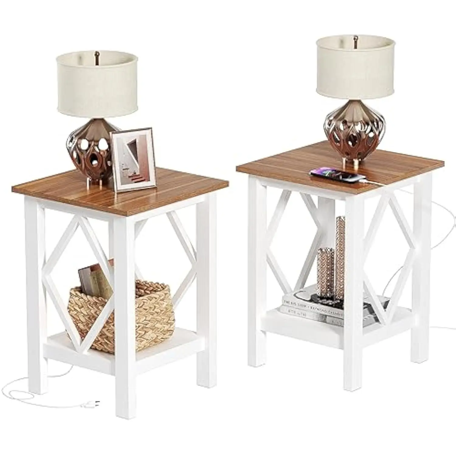 

Farmhouse End Table with Charging Station, Narrow Side Table with USB Ports and Outlets, 2-Tier Small End Table Nightstand with
