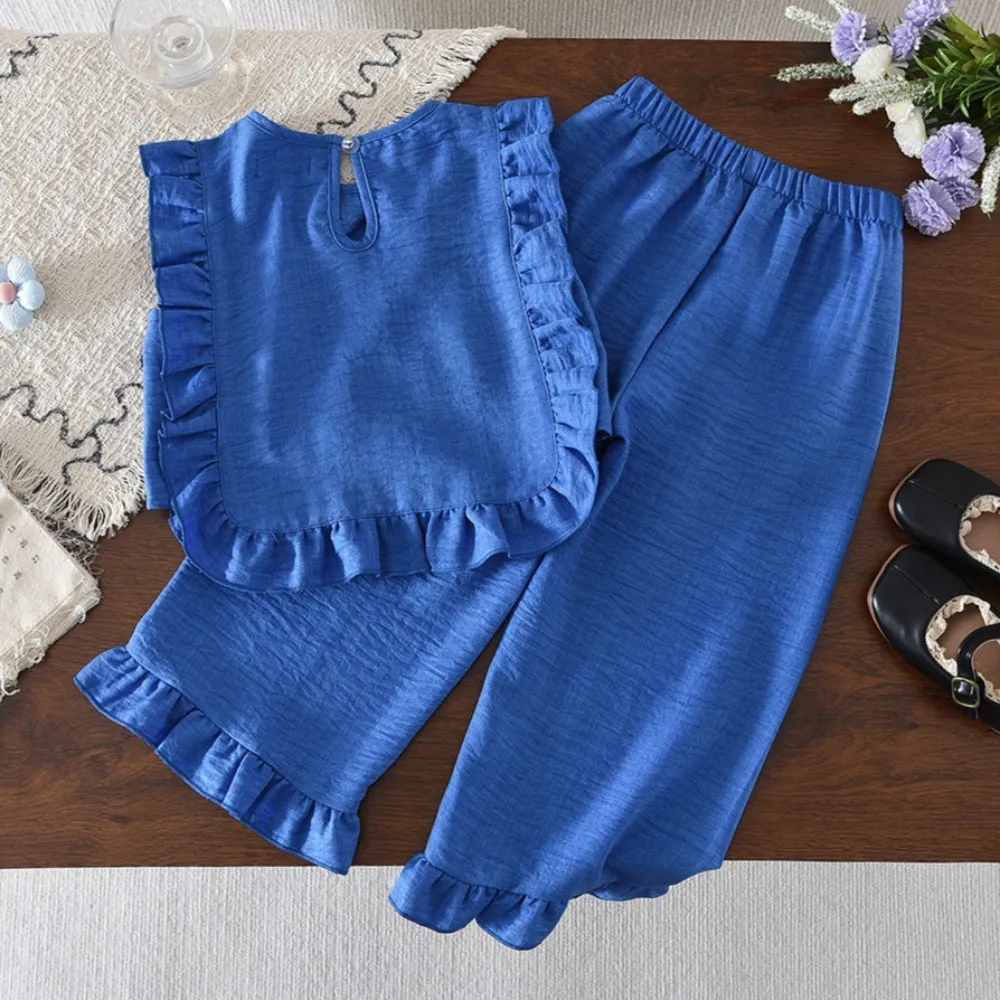Korean Version Sweet Blue Girls' Clothing Summer Sleeveless Flower Print Splicing Sleeveless Top + Pants Casual Two-piece Set