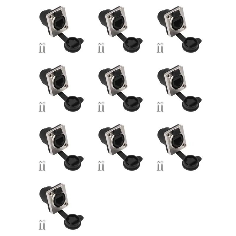 FULL-10X RJ45 Waterproof Network Connector With Rubber Cover D Type Panel Mount Socket RJ45 Ethernet Connector 180 Degree