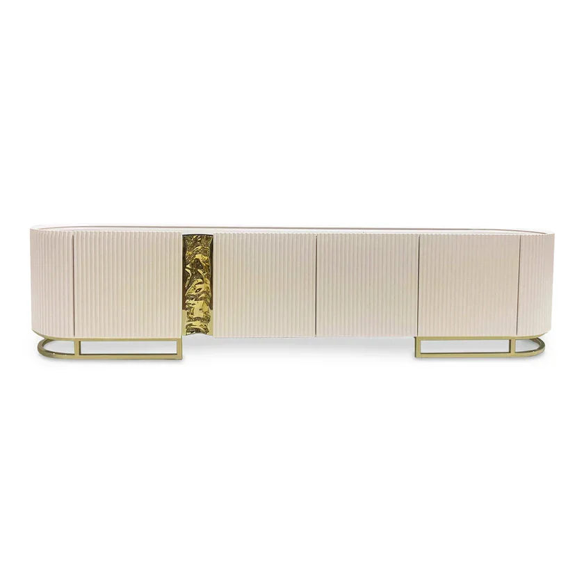Silken Matte Cream TV Stand With Vertical Fluted Doors & Storage Modern TV Stands Cabinet For Livingroom Furniture