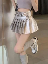 Pu Leather Silver Pleated Skirts Fashion Women Summer with Belt High Waist Mini Skirt Woman Harajuku A Line Short Skirts