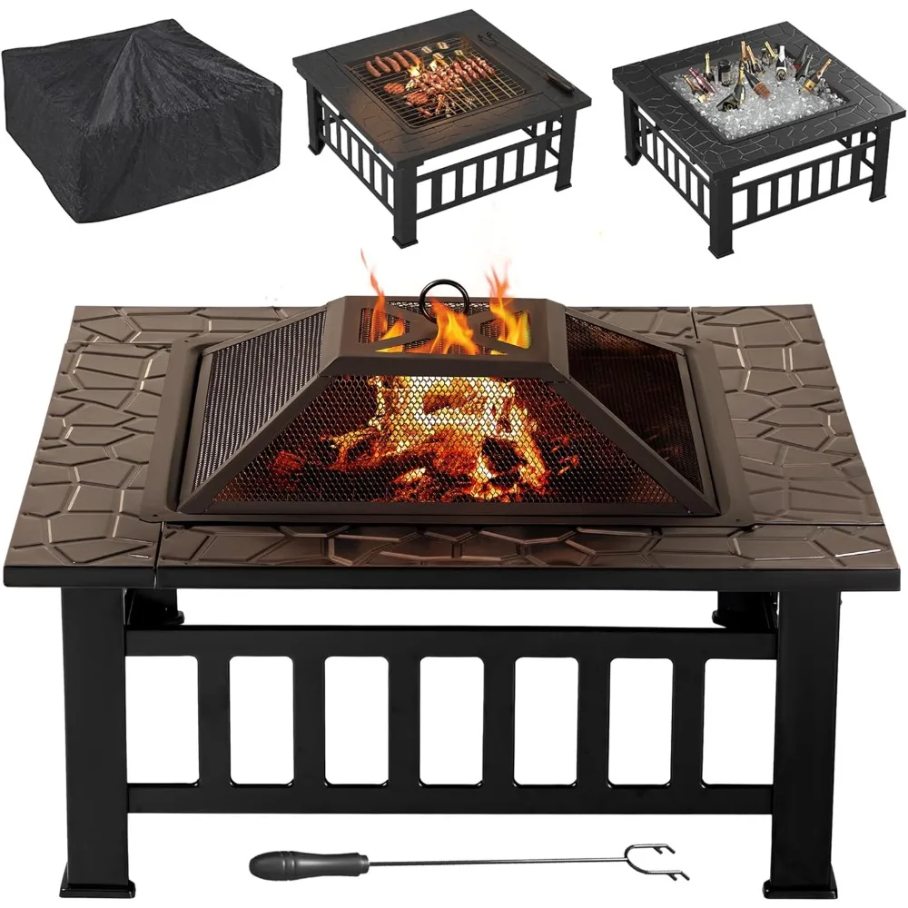 2024 Flamaker Outdoor Fire Pit 32 Inch Patio Square Metal Firepit with Cover Poker & Grate Wood Burning Fireplace Backyard Stove