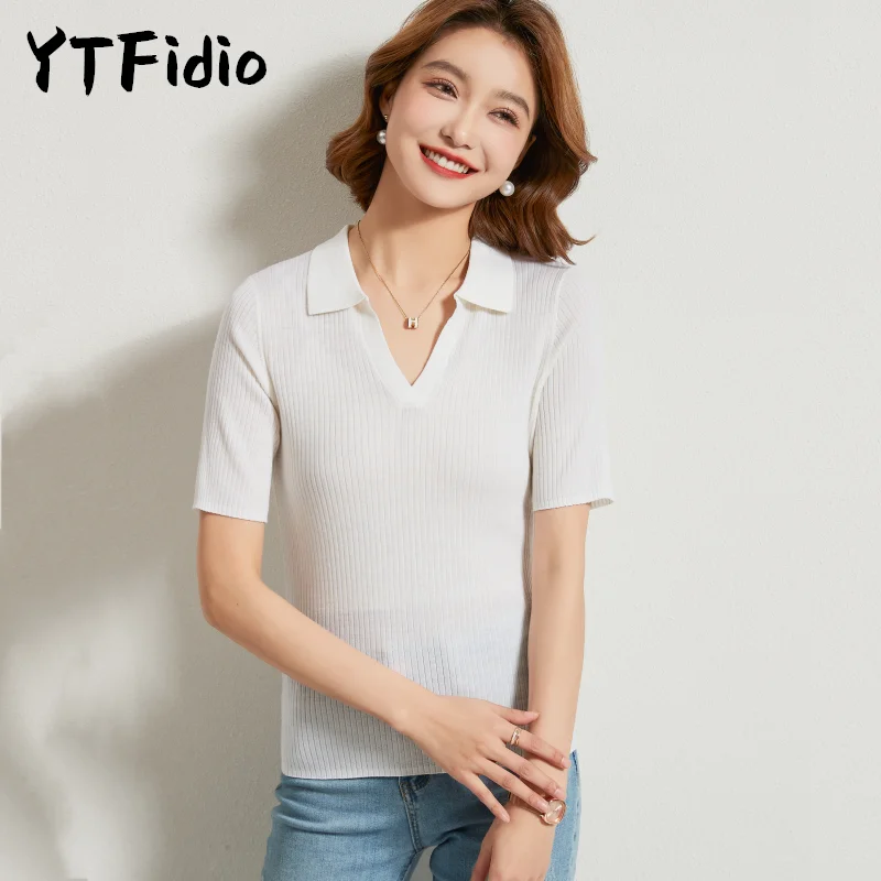 YTFidio Summer Women 100%  Wool Polo T Shirt Women Clothes Tops Short Sleeve Sweater Casual Basic Pullover 04