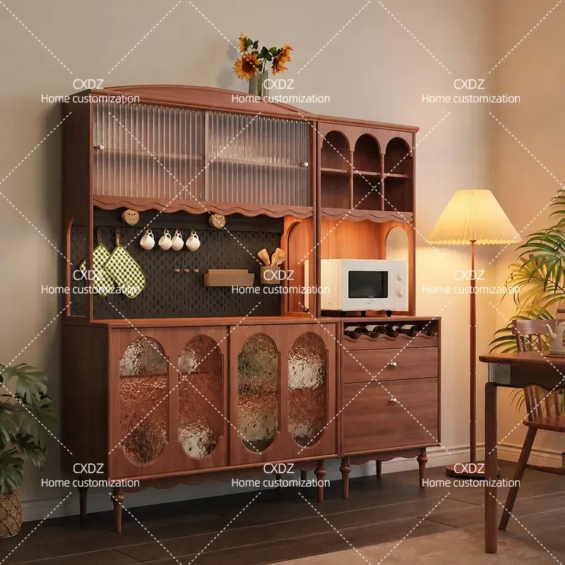 Solid Wood Retro Dining Sideboard Kitchen Storage Cabinet Integrated Wall Unit Wine Rack Tea Display High Cupboard