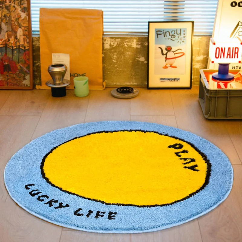 Round Living Room Rug Soft Comfortable Faux Cashmere Floor Mat Cute Round English Alphabet Bedroom Carpet Home Decorstion  Mats