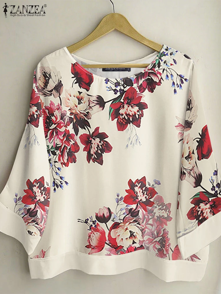 

ZANZEA Casual Holiday Floral Printing Blouses 2025 Autumn 3/4 Sleeve Round Neck Blusas Mujer Loose Everyday Wear Tunic Tops