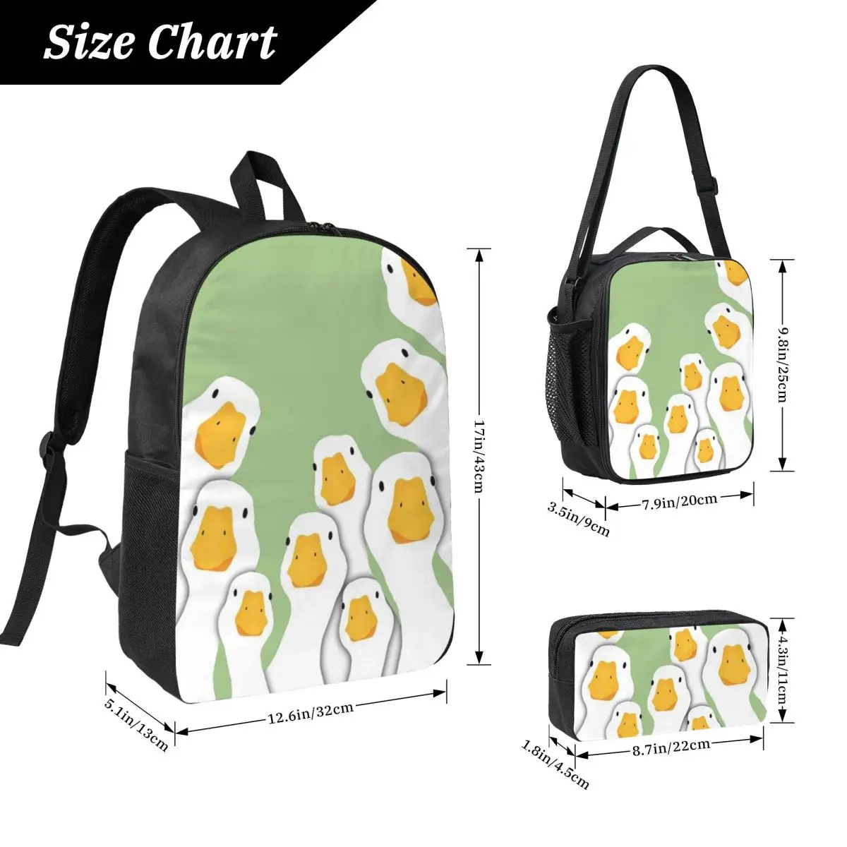 Cartoon Popular Goose Animal Backpack Boys Girls BookBag School Bag Laptop Shoulder Bags 3ps Insulated Lunch Bag Pencil Case
