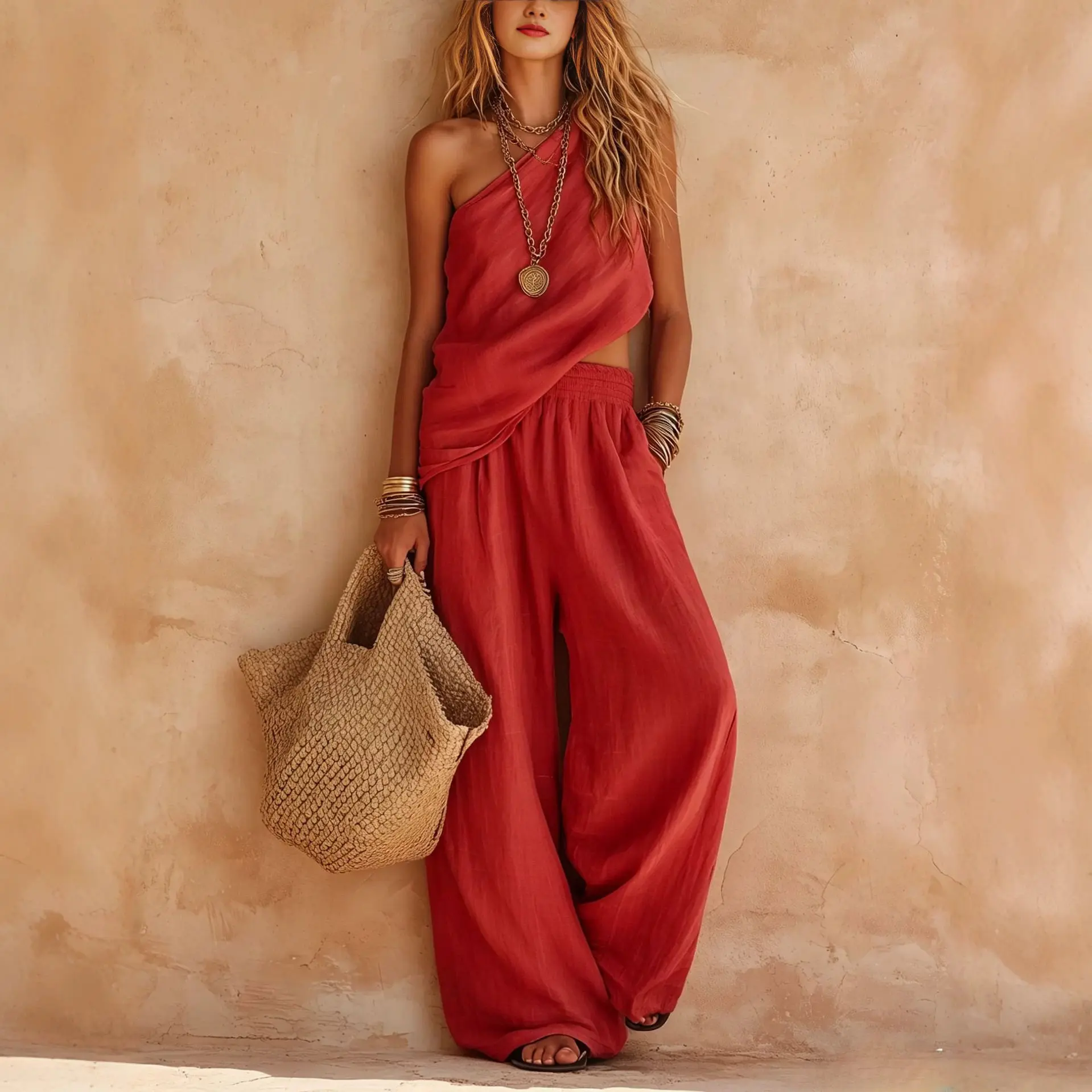 One-shoulder Women Tank Top Pants Two Piece Set Summer Sleeveless Top & Wide-Leg Pants Casual Woman's 2 Piece Outfits view 3