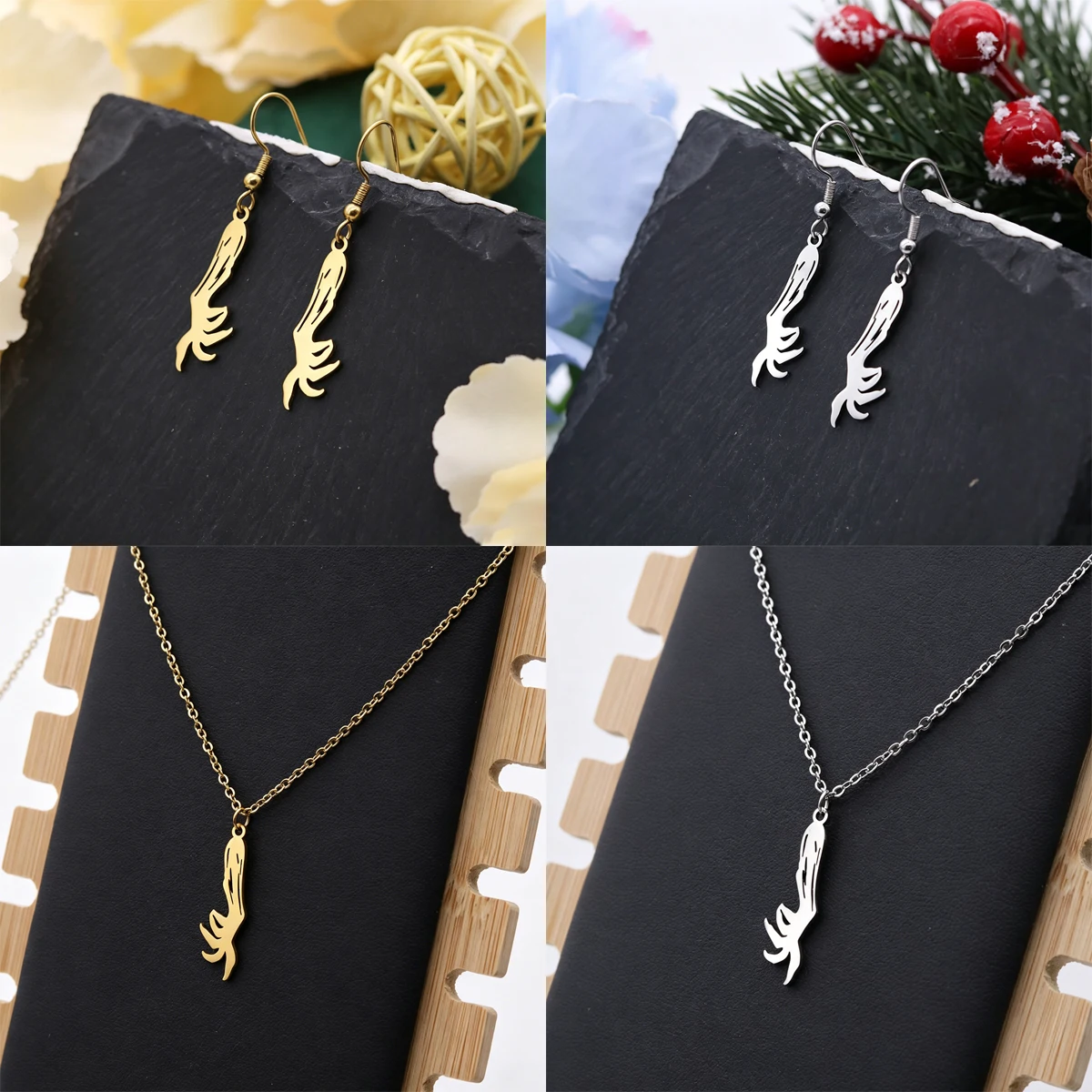 Fashion Hand Gesture Jewelry Set Stainless Steel Abstract Hand Palm Pendant Necklace Dangle Earrings Daily Jewelry Birthday Gift