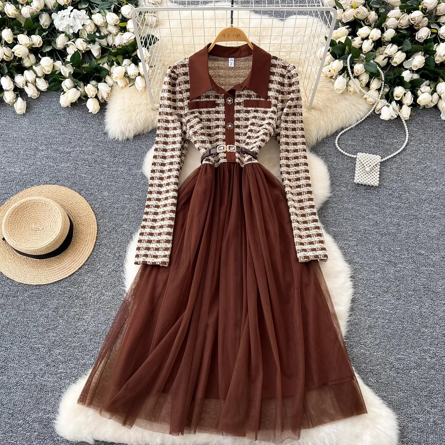 Autumn Winter Elegant Women Lapel Plaid Lace Mesh Patchwork Dress Casual Empire Slim A-line Dress Party Vestidos