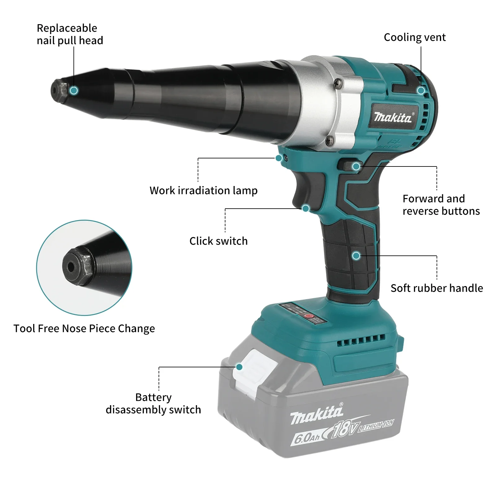 For Makita M108 18V Lithium Cordless Riveting Tool Quick Disassembly Head Small Workshop Daily Rivet Fixing Hand tools