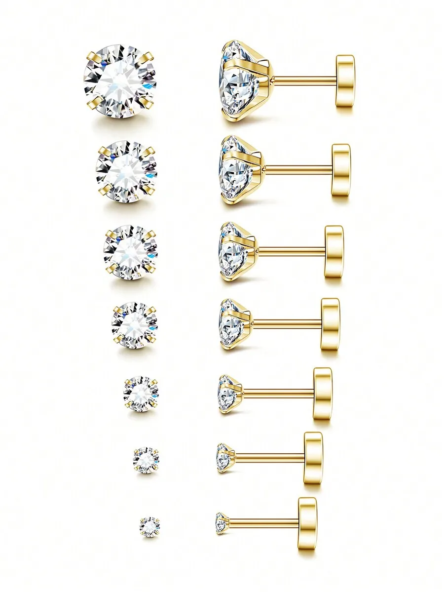 女性用フラットバックスタッドイヤリング、キュービックジルコニアサージカルステンレスイヤリングジュエリー2-8mm 1