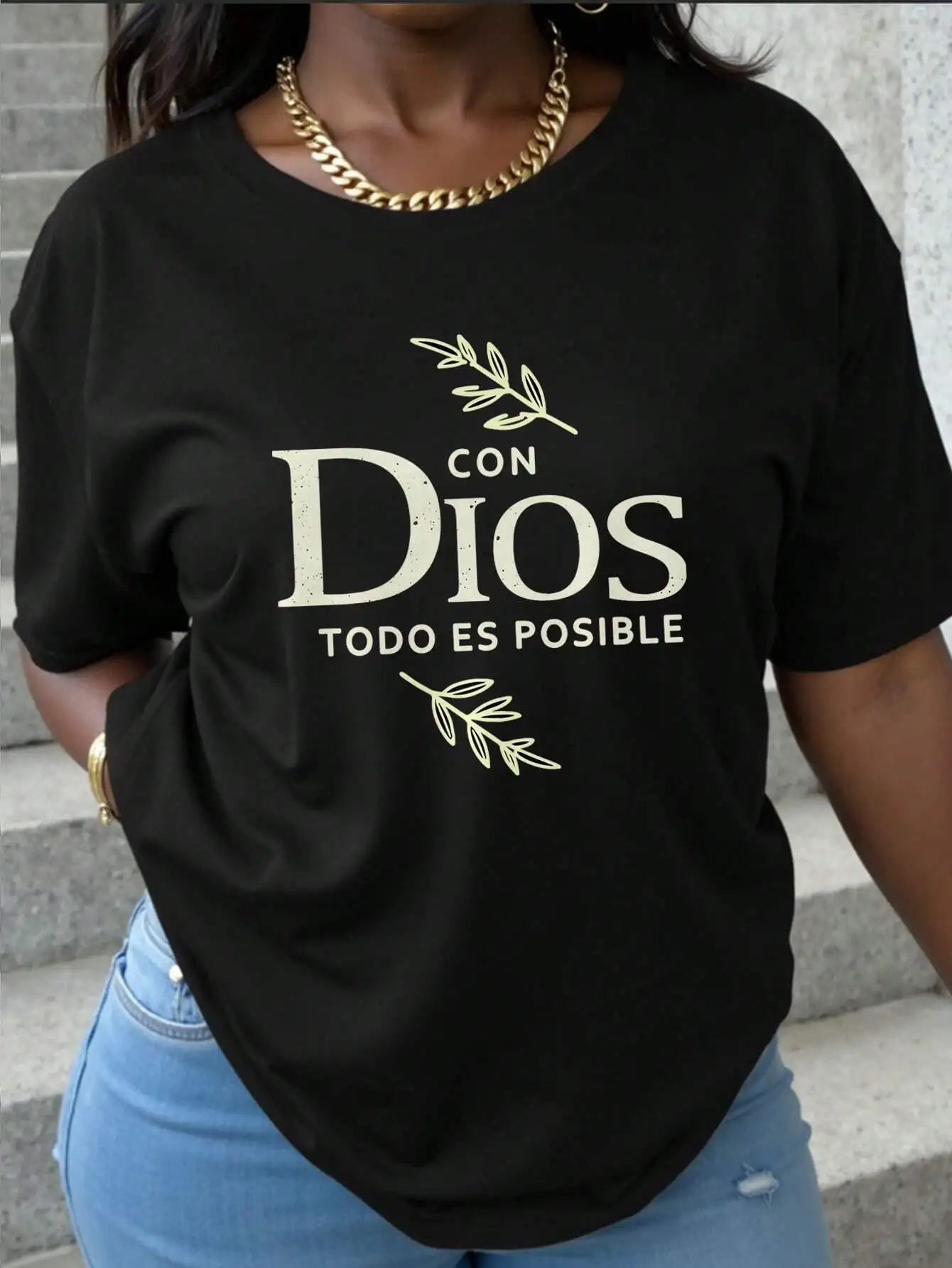 

Плюс размер Con Dios Todo Es Позитивная вдохновляющая футболка большого размера с графическим рисунком Стильная одежда с духовным посланием для любителей моды